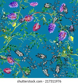 Colorful spring wildflowers seamless pattern on blue background vector illustration