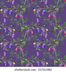 Flores silvestres de resorte coloridas y sin fisuras en la ilustración del vector de fondo púrpura