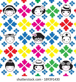 Colorful Spring-Summer pattern of flower and cute people illustration