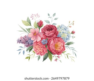Colorful spring-themed floral watercolor artwork with bright red blossoms and green leafy branches, ideal for seasonal greeting cards or elegant invitations