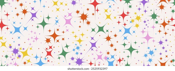 Colorido polvilhar sem costura padrão estrelas fundo branco. Ilustração de textura vetorial de confetes de cor de modelo para festa de aniversário de feriado, celebração. Vetor salpicar estrelas de padrão sem costura.