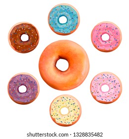 Colorful sprinkled donuts in different flavors, 3d illustration