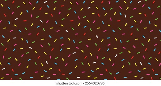 Colorful sprinkles on chocolate banner background, colorful falling decorative sprinkles background vector illustration.