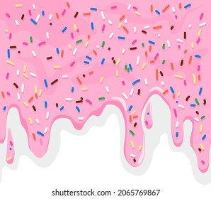 Colorful sprinkles on dripping pink cake background. Vector illustration.