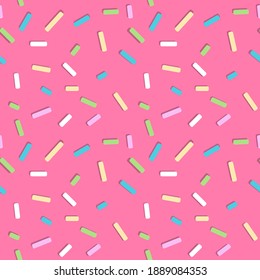 Colorful sprinkles on pink. Donut glaze Seamless pattern background. Vector illustration