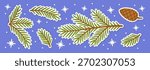colorful spruce branches and pine cones sticker set. Hand drawn trendy flat style vector illustration. Perfect for Christmas graphics, winter holiday scrapbooking, stickers, and seasonal decoration.