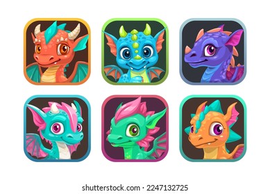 Colorful square app icon with cute cartoon smiling baby dragon face. Colorful fantasy avatars for games store. Vector game icons set.