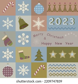 Colorful square background with christmas elements, balls, snowflakes, ornaments, stars, bells. socks, mittens. Vector illustration