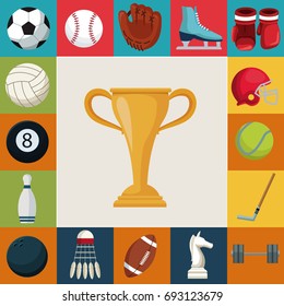 colorful square background with set collection elements sport with cup trophy in center