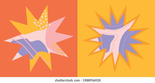 Colorful square background set star shape. Organic hand drawn shapes and lines