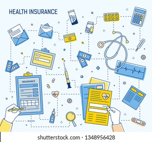 Colorful square banner with hands filling out document of health insurance and calculating healthcare expenses surrounded by medicines, medical tools, money bills, coins. Linear vector illustration.