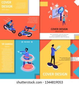 Colorful Square Banners Set with Copy Space. Cover Design. Men Extreme Riding Motocycles, Man Playing Virtual and Augmented Reality Games, Guy on Hoverboard. 3D Flat Vector Isometric Illustration.