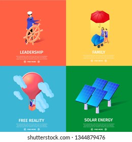 Colorful Square Banners Set, Copy Space. Family Couple Walking with Baby Stroller and Umbrella, Man in Cap with Steering Wheel, Flying Air Balloon, Solar Panels 3D Flat Vector Isometric Illustration