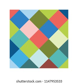 Colorful square block background pattern in coral pink, blue, light blue, aqua, olive, and green mosaic