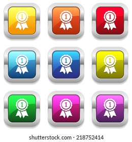 Colorful square button set with badge icon and metallic border