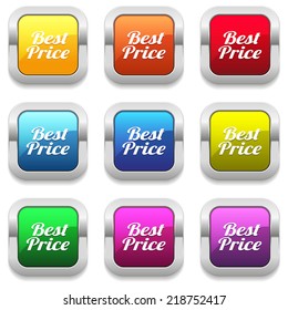 Colorful square button set with best price text and metallic border