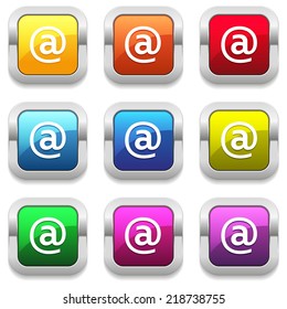 Colorful square button set with at icon and metallic border
