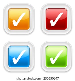 Colorful square buttons with checkmark icon on white background