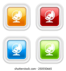 Colorful square buttons with globe icon on white background