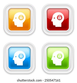 Colorful square buttons with head-padlock icon on white background
