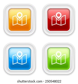Colorful square buttons with map icon on white background