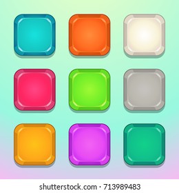 Colorful square buttons set. Vector assets for web or game design.