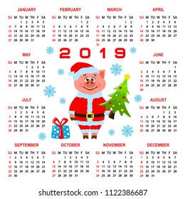 Colorful square calendar 2019 with a pig in Santa Claus costume. Cartoon character, christmas tree, gift box on a white background. Week starts on Sunday. Basic grid. Flat style. Vector illustration.