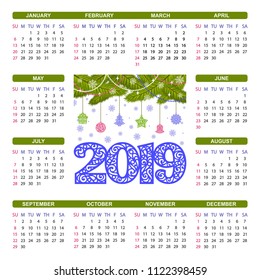 Colorful square calendar 2019 with snowflakes, Christmas tree, bell, star and gift. The week starts on Sunday. Basic grid. Flat style. Vector illustration.