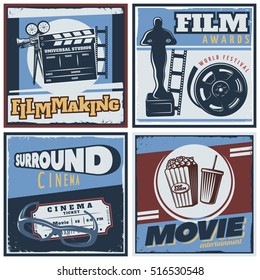 Colorful square composition with pop art style film and cinema festival symbols drink and popcorn vector illustration
