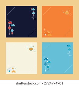 Colorful square designs with lanterns, clouds, and stars. Lanterns in blue, orange, and white. Decorative lanterns and clouds create a festive, cultural theme. Illustration deign element vector.