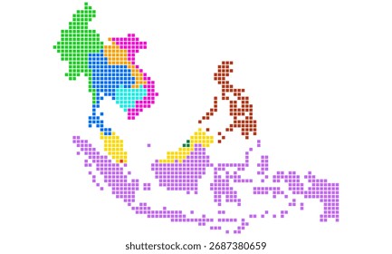 Colorido mapa de puntos cuadrados del sudeste asiático o ASEAN aislado sobre fondo blanco. Ilustración de mapa de Vector.