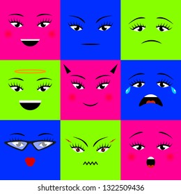 Colorful square emojis icons set different girl faces. Vector illustration. For web, print. Emoticons pattern. Cute emoji. flat cartoon style. Face funny background