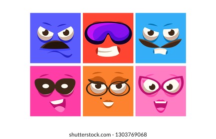 Colorful square faces with different emotions set, funny emoji, emoticons vector Illustration