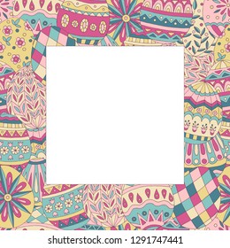 Colorful square frame with beautiful abstract doodle pattern of easter eggs