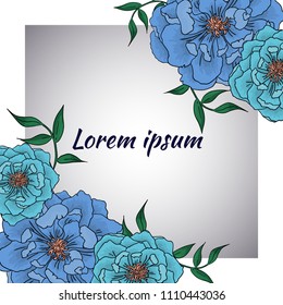 Colorful square frame decorated with blue peonies for your design.