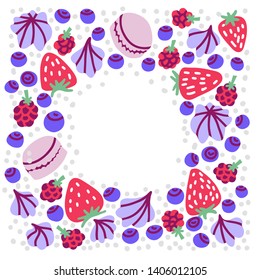 Colorful square frame for logo. Hand-drawn cartoon macarons, forest berries (strawberries, blueberries, blackberries, raspberries), meringues. Blank space for text.