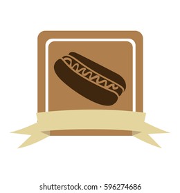 colorful square frame with ribbon and hot dog with sauce vector illustration