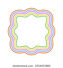 Colorful square frame with wavy edges. Geometric shape with scallop borders. Blank text box, tag or label isolated on white background. Vector flat illustration.