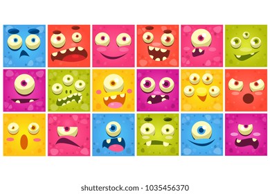 Colorful square funny face of monsters with different emotions vector Illustrations, smiles characters for site, video, animation, websites, infographics, messages, comics, newsletters