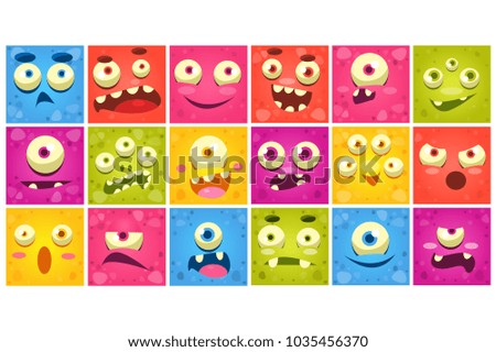 Colorful square funny face of monsters with different emotions vector Illustrations, smiles characters for site, video, animation, websites, infographics, messages, comics, newsletters