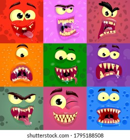 Colorful square funny monsters face with different emotions