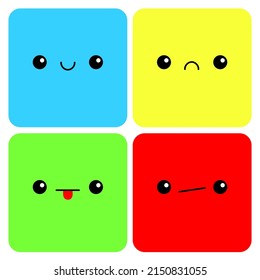 Colorful square head icon set. Boo Spooky Smiling sad face emotion. Cute monster. Eyes, tongue, teeth fang, mouse. Happy Halloween card. Flat design style. White background. Vector
