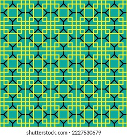 Patrón interconectado de cuadrado colorido y hexágono sobre fondo verde. Patrón de interbloqueo amarillo y negro sobre fondo verde.