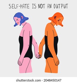 Colorful square illustration with positive phrase. Self-love and mental health concept. Inspirational poster for girls. Hand drawn portrait of a young woman with blue hair. Cartoon character.