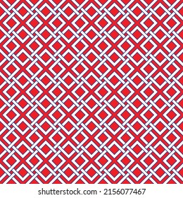 Colorful square interlaced pattern on red background. White and blue interlocking pattern on red backdrop.