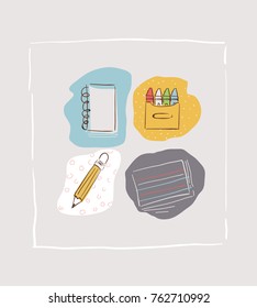 Colorful Square Montage of Vector Illustrations of Kiddie School Supplies Particularly Notebook, Crayons, Pencil and Pad Paper