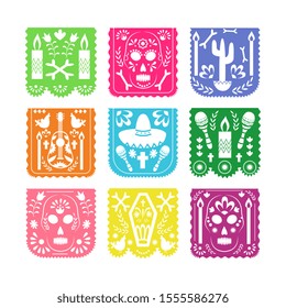 Colorful square papel picado set for Mexican Dia de los muertos or Cinco de mayo holiday celebration isolated on white background. Flat vector illustration.