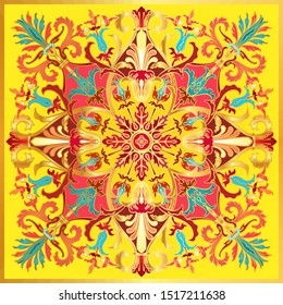 Colorful square pattern in antique roman, empire or baroque for custom textile design, background, cover. Ornamental decor in canary yellow, coral, red, gold and turquoise colors. Vector illustration