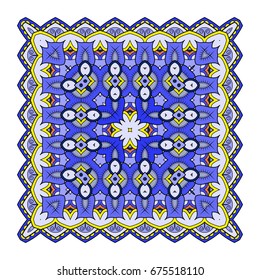 Colorful square pattern. Symmetric zentangle. Black vector illustration. Abstract doodle background. For cards, invitations, presentations, party, bag, t-shirt, marketing materials. Indian east style