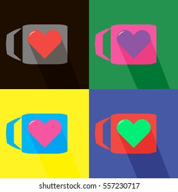 Colorful square poster with four icons of cup with colorful hearts on multi colored background. Image suit for menu and recipe card designs, cafes and restaurants decorations